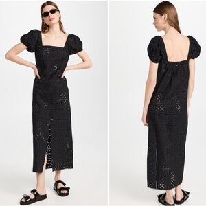 GANNI Black Broderie Anglaise Midi Dress, Size 36 FR / 4 US